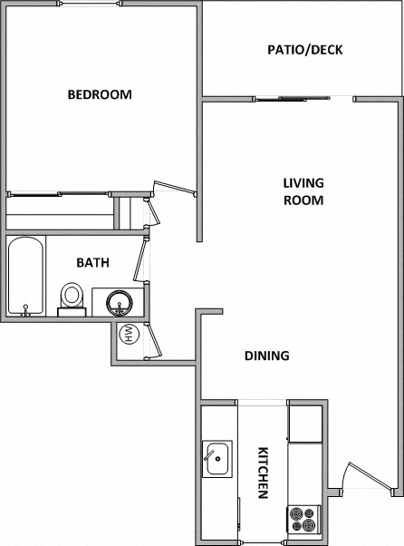 Floor plan for 1 bed, 1 bath, 646 sqft